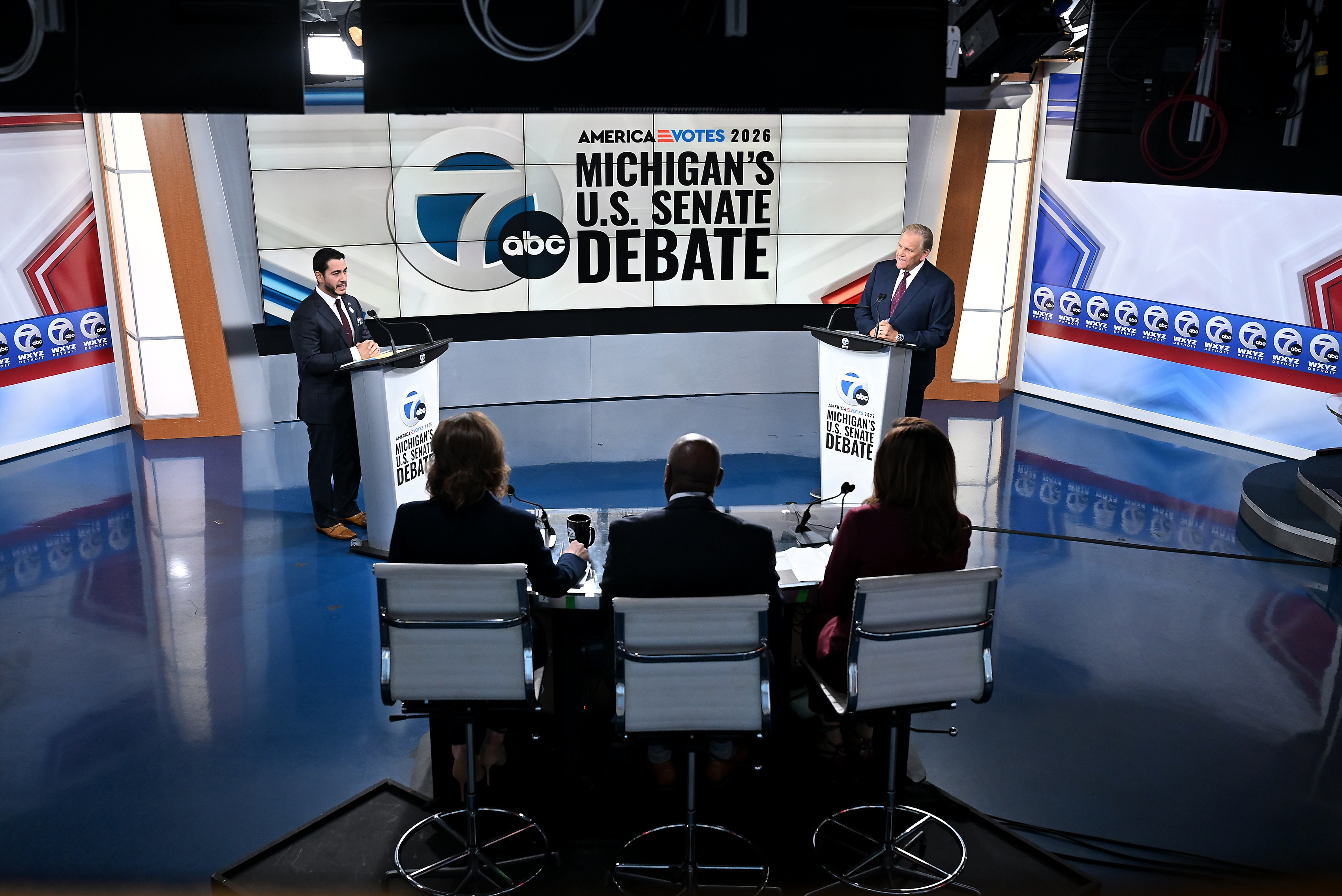 US Senate candidates Democrat Abdul El-Sayed, left, and Republican Mike Rogers debate on Wednesday, Oct. 21, 2026 at WXYZ Channel 7 in Southfield, Mich. (AP)