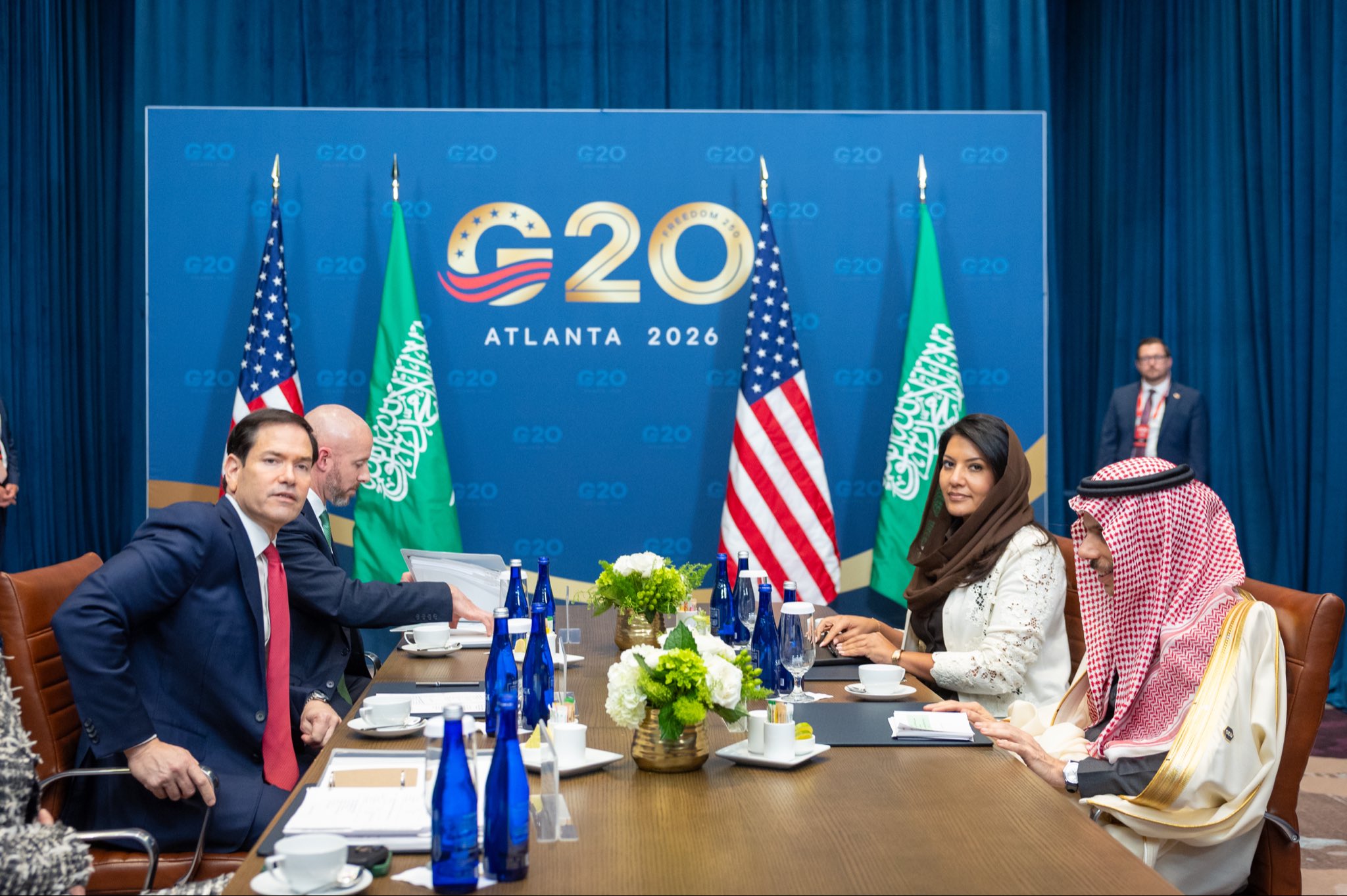 Saudi Ambassador to the US Princess Reema bint Bandar attended the meeting between the Saudi and US foreign ministers on the sidelines of the G20 Foreign Ministers’ Meeting in Atlanta. (SPA)