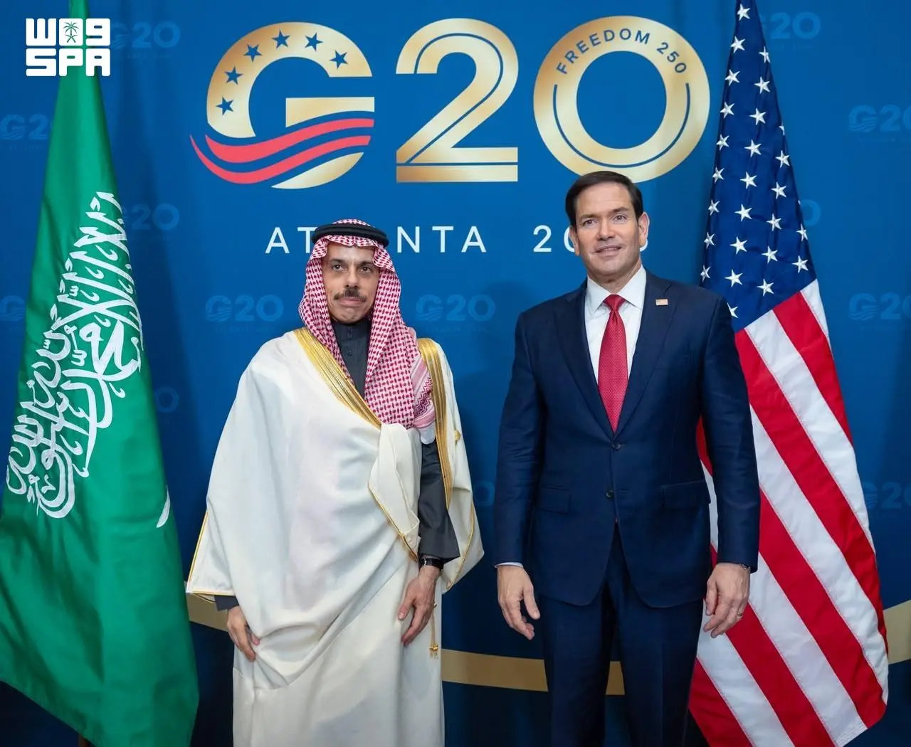 Saudi Foreign Minister Prince Faisal bin Farhan (R) and US Secretary of State Marco Rubio also reviewed strategic ties between their countries during their meeting in Atlanta. (SPA)