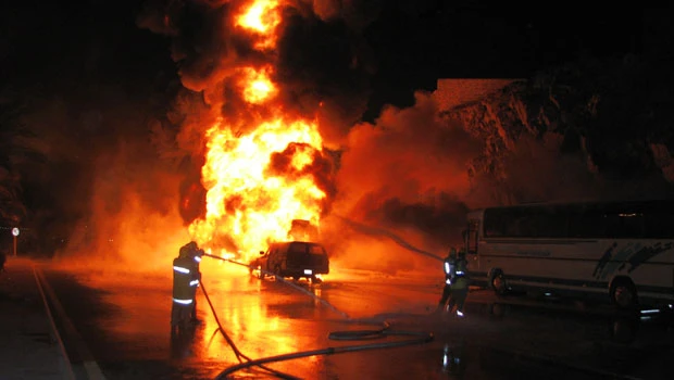 Gasoline tanker catches fire