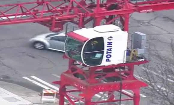 Raccoons make home atop construction crane