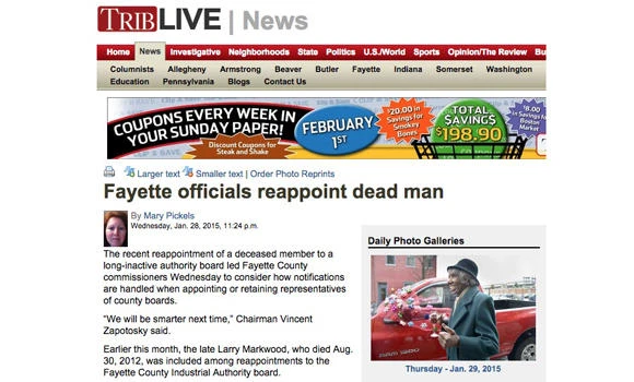 Man who died in 2012 gets reappointed to county board