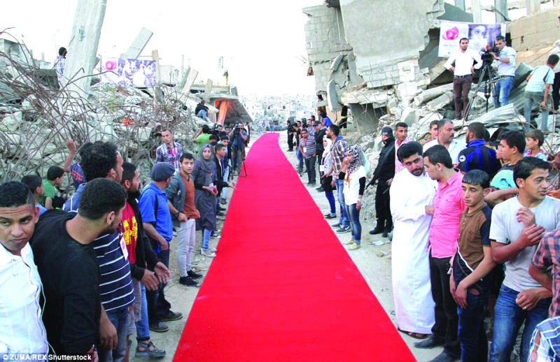 A red carpet amid the rubble of Gaza