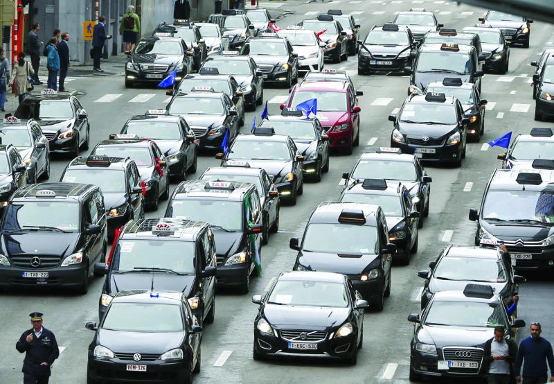 European taxi drivers block Brussels over Uber