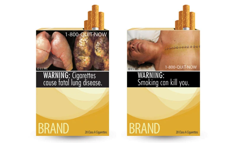 This file combination photo made from file images provided by the U.S. Food and Drug Administration shows two of nine cigarette warning labels from the FDA. (AP)