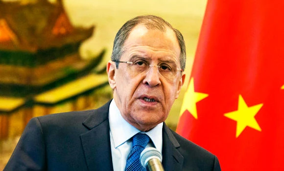 Russian Foreign Minister Sergey Lavrov speaks at a joint press conference with Chinese Foreign Minister Wang Yi, at the Chinese Foreign Ministry in Beijing, China, on Friday. (AP)