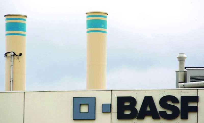 A logo is seen on the facade of the BASF plant and former Ciba production site in Schweizerhalle near Basel. (Reuters)