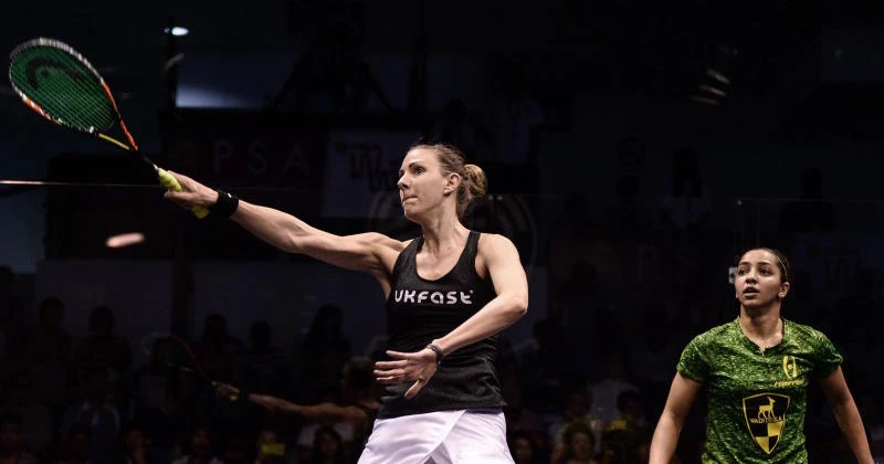 CLOSE ENCOUNTER: Laura Massaro, left, plays a forehand against Raneem El Welily during their semifinal match of the PSA Women's World Championships squash tournament in Bukit Jalil, oustide Kuala Lumpur on Friday.(AFP)