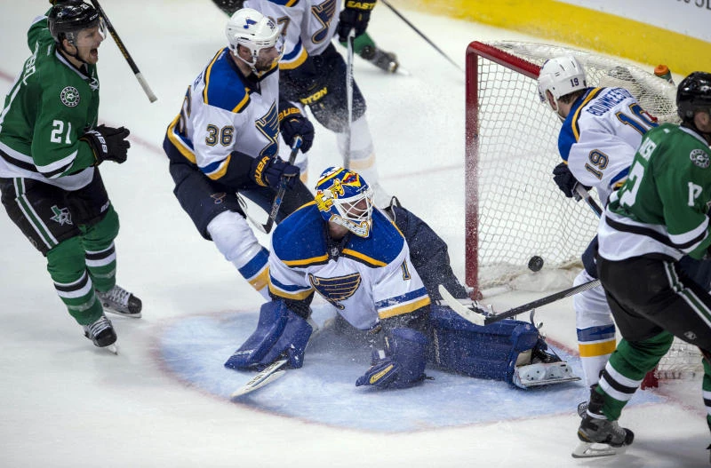 THAT'S IT: Dallas Stars center Radek Faksa (12) scores the game winning goal against St. Louis Blues goalie Brian Elliott (1) during the third period in game one of the second round of the Stanley Cup Playoffs at the American Airlines Center.(USA Today)
