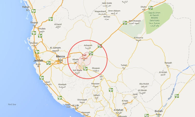 Google map showing Taif and environs.