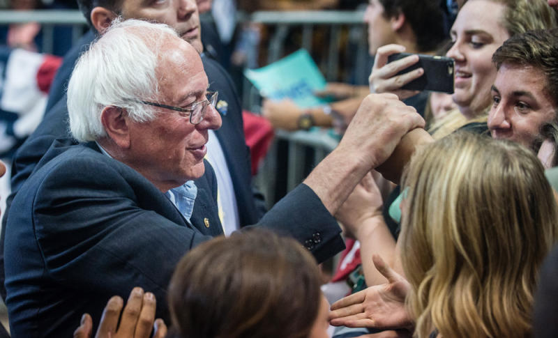 Democratic presidential candidate Bernie Sanders, left, greets supporters after making a speech on Friday in Albuquerque, New Mexico. (Roberto E. Rosales/The Albuquerque Journal via AP)