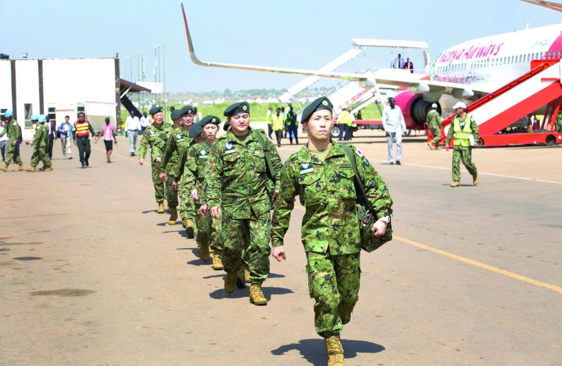 Japanese soldiers arrive in Juba, South Sudan, on Monday. (AP)