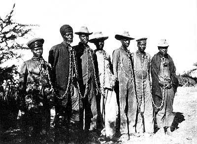 Hereros chained during their 1904 rebellion against German colonialists. (Wikimedia Commons)