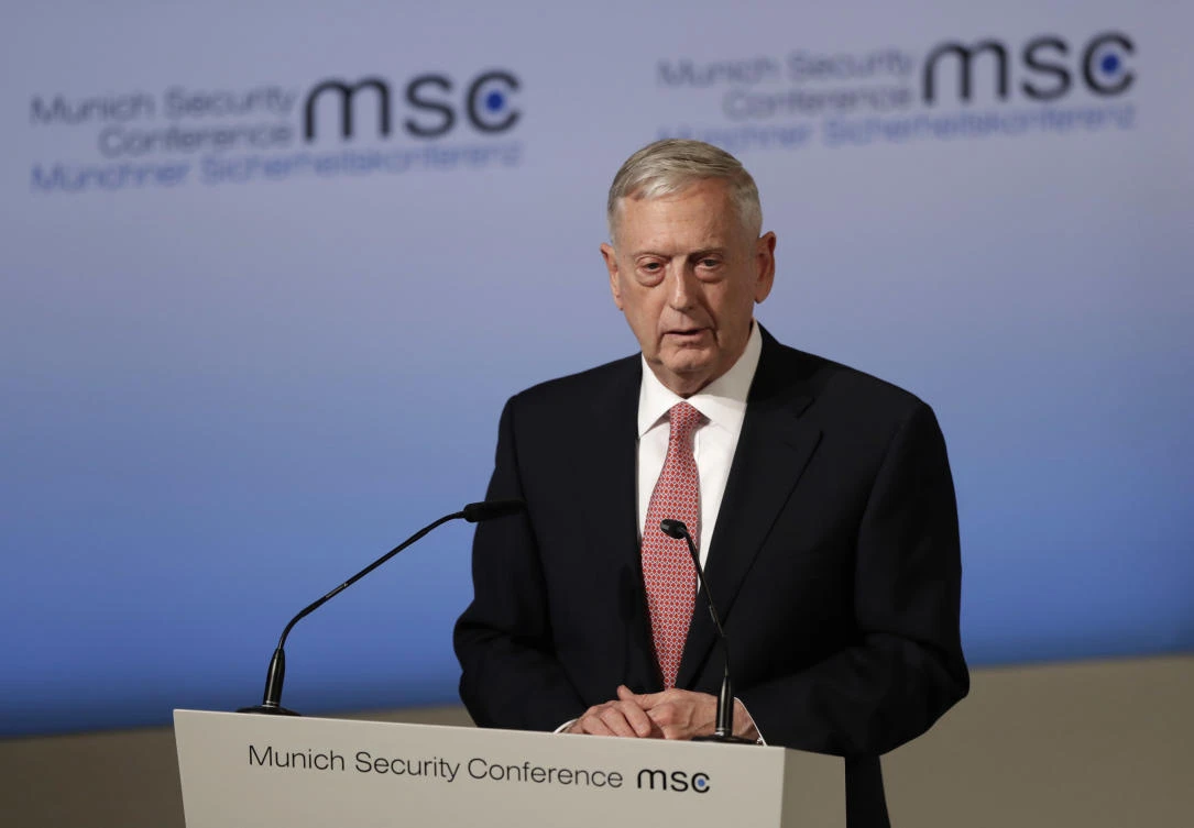 U.S. Defense Secretary Jim Mattis speaks during the Munich Security Conference in Munich, southern Germany on Friday. (AP Photo)