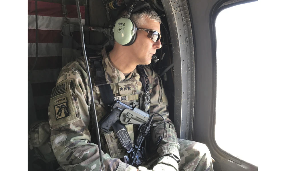 In this Feb. 8, 2017 file photo, US Army Lt. Gen. Stephen Townsend watches during a tour north of Baghdad, Iraq. A Russian airstrike in northern Syria hit US-backed Syrian Arab forces who are part of the fight against the Islamic State group, Townsend said Wednesday. (AP Photo/ Ali Abdul Hassan, File)