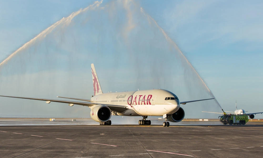 Auckland Airport in New Zealand welcomes the first Qatar Airways flight with a traditional water cannon salute on Monday. (Qatar Airways/Handout via Reuters)