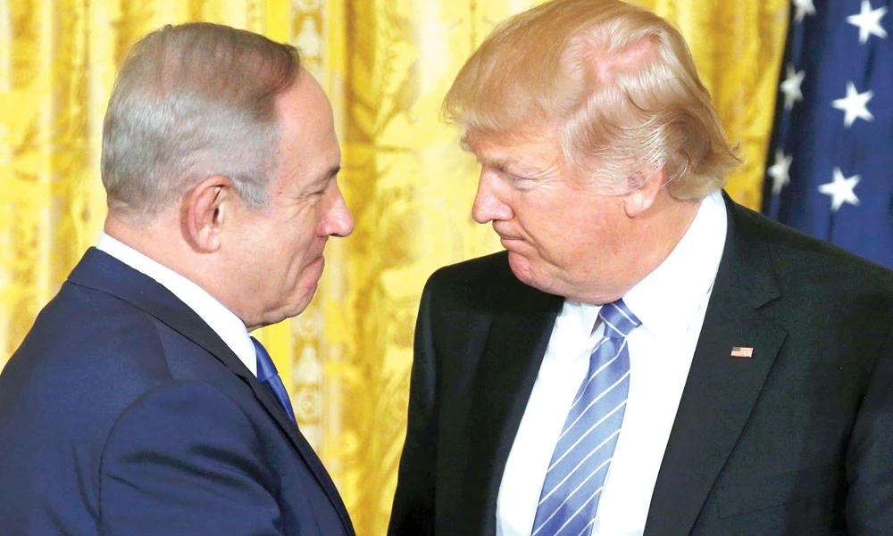 US President Donald Trump greets Israeli Prime Minister Benjamin Netanyahu at a news conference at the White House in Washington Wednesday. (Reuters)