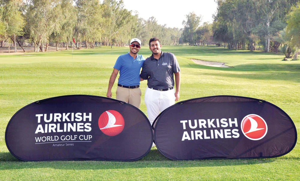 Saudi national golf team players Othman Almulla and Abdurahman Almansour during a practice round on Thursday for the Turkish Airlines World Golf Cup Riyadh qualifying tournament. (AN photo)