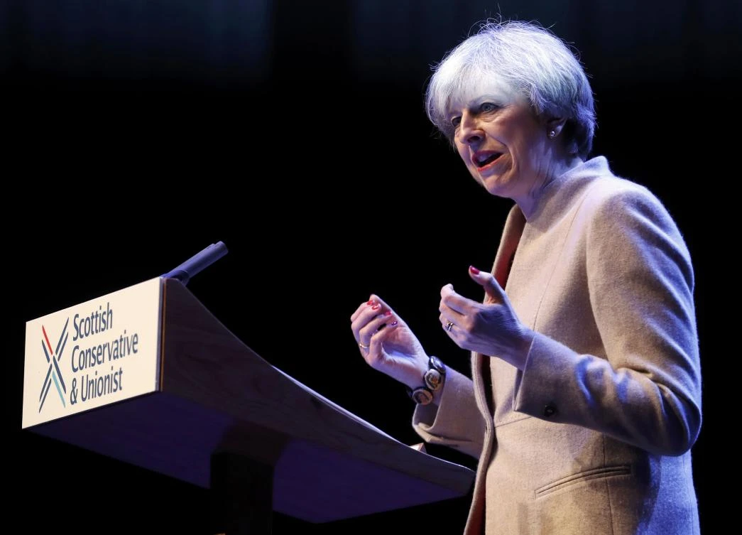 Britain's Prime Minister, Theresa May, addresses the Conservative Party's Scottish conference in Glasgow, Scotland. (REUTERS)