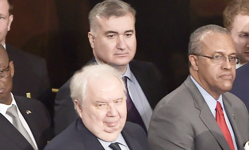 Russian Ambassador to the US Sergey Kislyak, center, arrives before US President Donald Trump addresses a joint session of the US Congress in Washington, DC. on Feb. 28. (AFP)