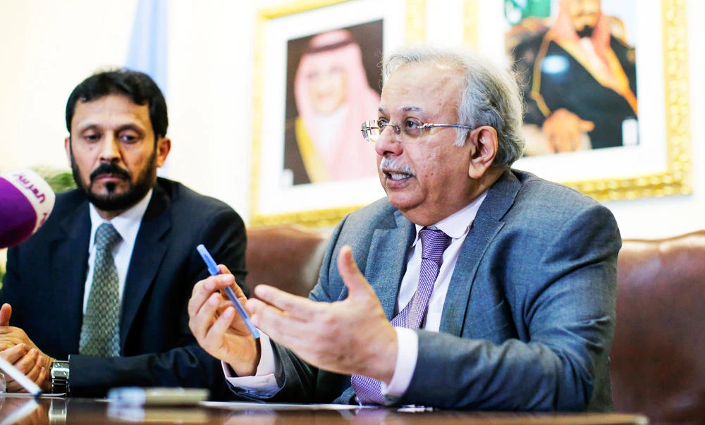 Ambassador Abdallah Al-Mouallimi (R), Saudi Arabia's Permanent Representative to the U.N., speaks to the media next to Saudi general Mesfer Al-Ghanim during a news conference in New York, U.S., in this March 1, 2017 photo. (REUTERS)