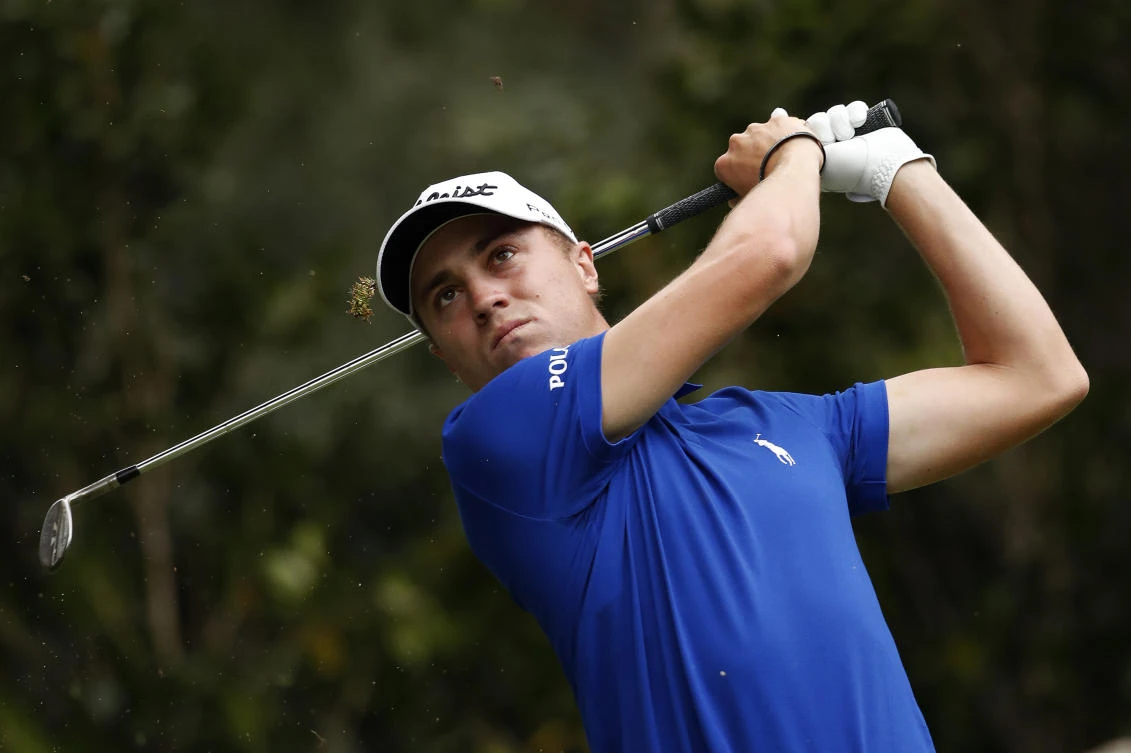 Justin Thomas, of the US, tees off on the 17th hole in round three of the Mexico Championship at Chapultepec Golf Club in Mexico City Saturday. (AP)