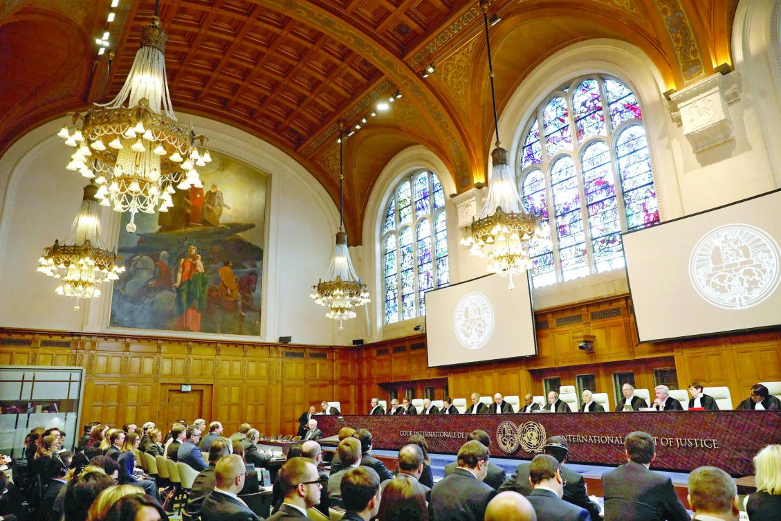 The International Court of Justice (ICJ) holds a public hearing in the case of Ukraine against the Russian Federation, in The Hague on Monday. (AFP)