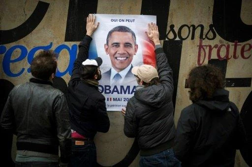 “Obama 17” poster in Paris promotes a call for the former US leader to run in the French presidential election. (AFP)