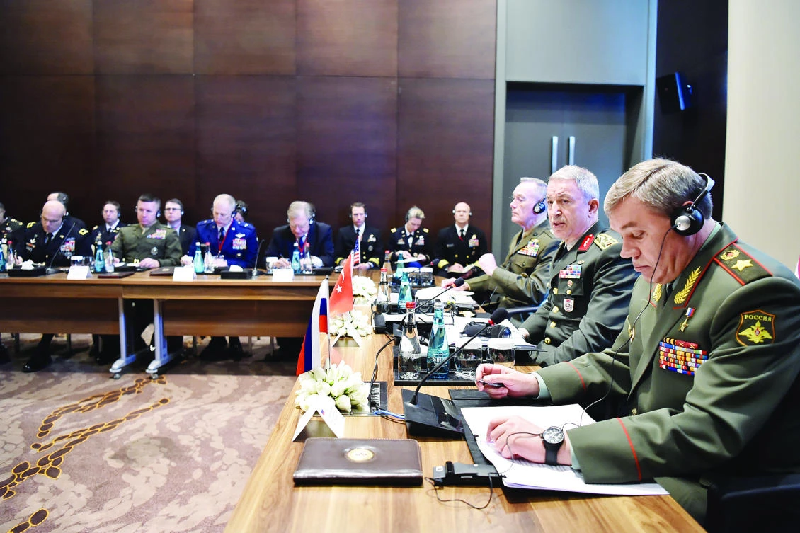 Turkey’s Chief of Staff Gen. Hulusi Akar, US Chairman of the Joint Chiefs of Staff Joseph Dunford and Russian Armed Forces Chief of Staff Valery Gerasimov meet in Antalya, on Tuesday. (Reuters)