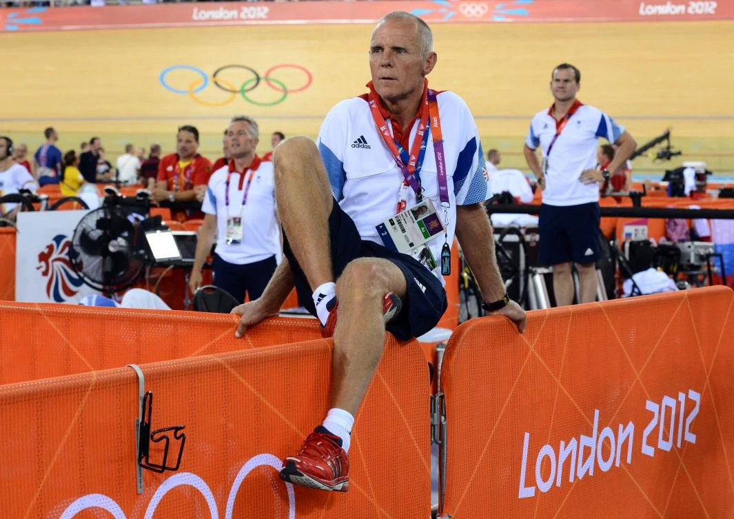 Shane Sutton, coach of Britain's Edward Clancy race in the London 2012 Olympic Games men's omnium 1km time trial cycling event at the Velodrome in the Olympic Park in East London, in this Aug. 5, 2012 file photo. (AFP)