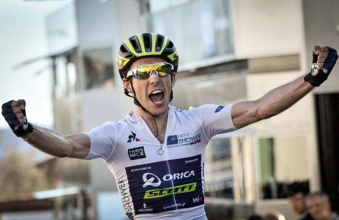 Simon Yates celebrates as he crosses the finish line at the end of the 193,5 km sixth stage of the 75th edition of the Paris-Nice cycling race, between Aubagne and Fayence, on Friday. (AFP)