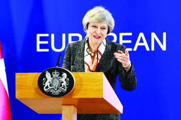 Britain’s Prime Minister Theresa May speaks at a news conference during the EU Summit in Brussels on Thursday. (Reuters)