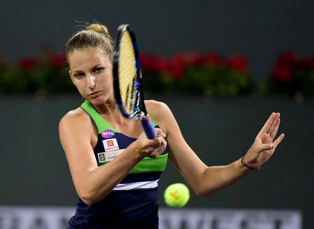 Karolina Pliskova plays a forehand in her match against Monica Puig at Indian Wells Tennis Garden on Friday night. (AFP)