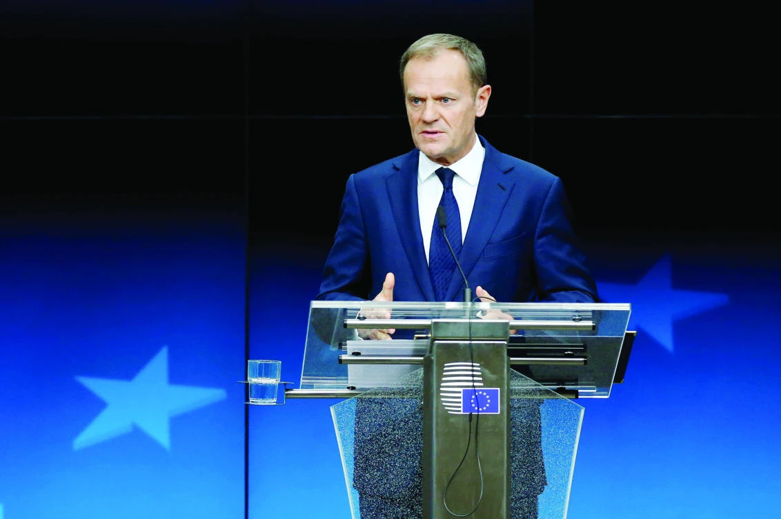 European Council President Donald Tusk addresses a news conference in Brussels on Friday. (Reuters)