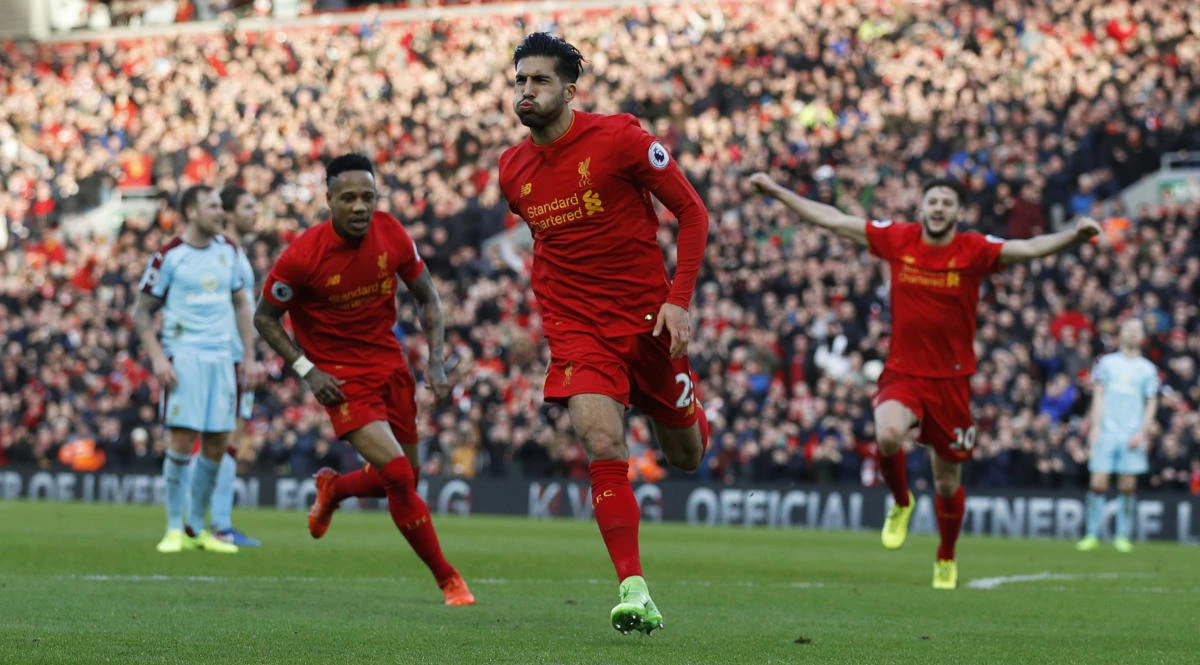 Liverpool's Emre Can celebrates scoring their second goal against Burnley on Sunday night. (Reuters)