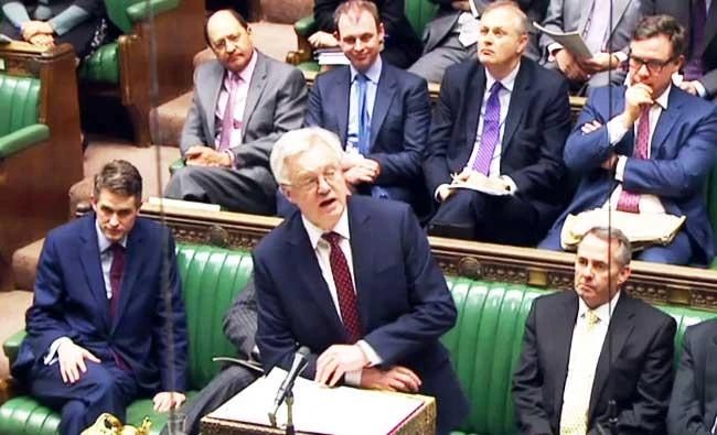 In this video grab taken from footage broadcast by the UK Parliamentary Recording Unit (PRU) via the Parliament TV website on March 13, 2017, British Secretary of State for Exiting the European Union (Brexit Minister) David Davis (C), opens the debate on the "European Union (Notification of Withdrawal) Bill". (AFP)