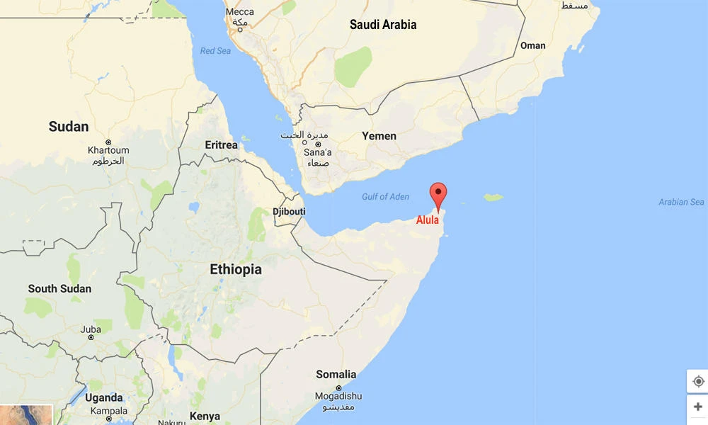 Google map showing Alula, Somalia, where the oil tanker Aris 13 was seized by pirates.