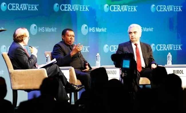 Daniel Yergin, left, chairman of CERAWeek by IHS Markit, leads a discussion with Mohammad Sanusi Barkindo, center, secretary general of OPEC, and Fatih Birol, right, executive director of the International Energy Agency, during CERAWeek at Hilton Americas,1600 Lamar St., on Tuesday. (AP)