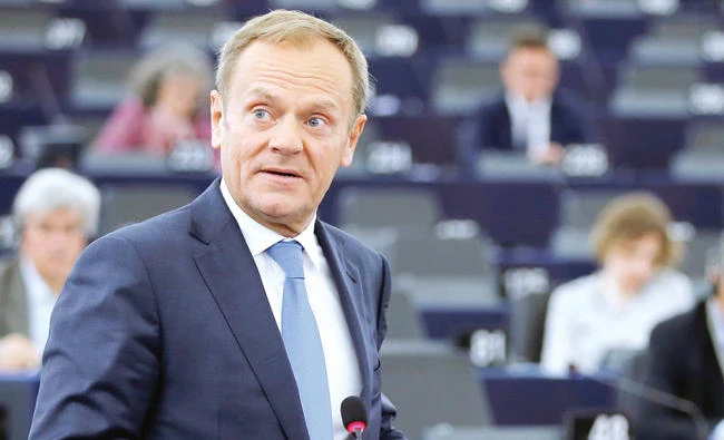 European Council President Donald Tusk delivers a speech during a debate on the future of the EU to mark the upcoming 60th anniversary of the Treaty of Rome at the European Parliament in Strasbourg, France, on Wednesday. (Reuters)