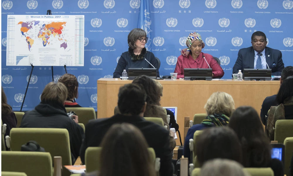 UN Women Executive Director Phumzile Mlambo-Ngcuka, center, is joined by Inter-Parliamentary Union Secretary-General Martin Chungong, right, and moderator Paddy Torsney, Permanent Observer to the UN, as she speaks to reporters during a news conference on March 15, 2017 at UN headquarters. (AP Photo/Mary Altaffer)