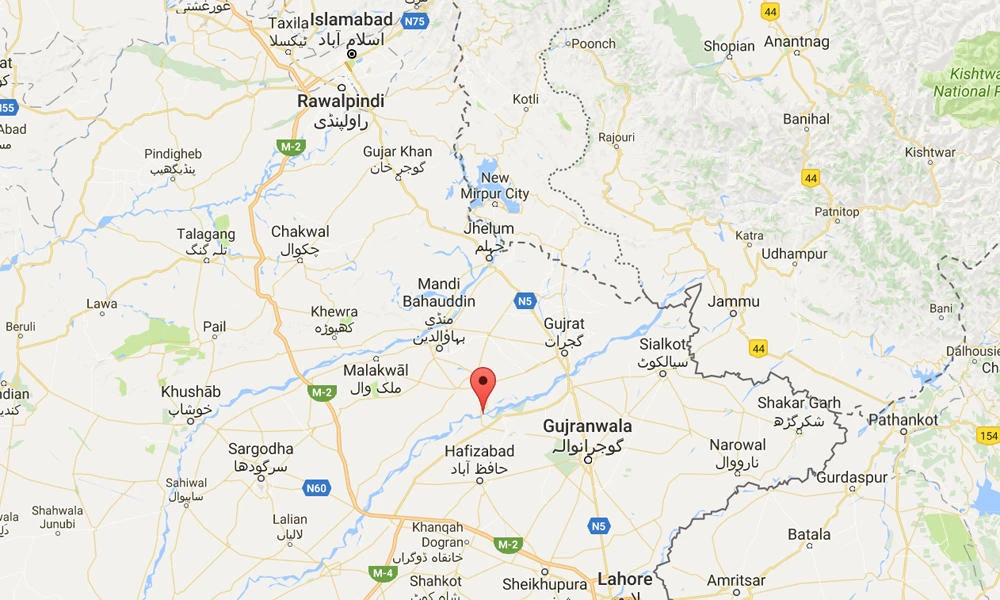 Google map showing Chenab River, which originates in India-administered Jammu and Kashmir and flows into Pakistan.