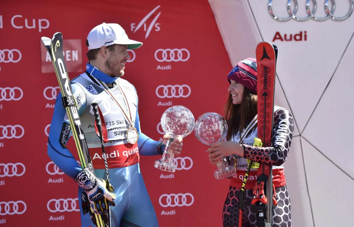 Kjetil Jansrud and Tina Weirather on the podium after the men's and women's Super G alpine skiing race at the Aspen Mountain on Thursday. (USA TODAY Sports)