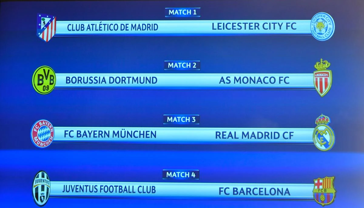 A screen displays the names of the clubs that will be facing each other during the quarterfinal draw of the UEFA Champions League football tournament at the UEFA headquarters in Nyon on Friday. (AFP)