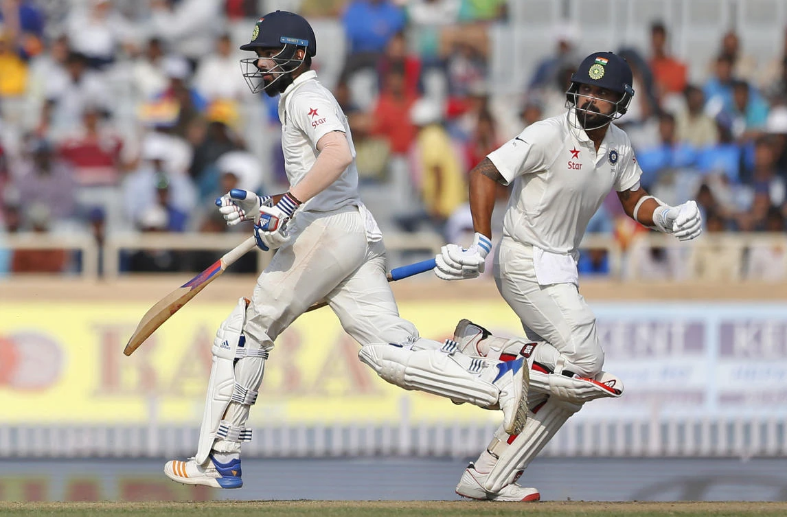 India’s Lokesh Rahul, left, and Murali Vijay run between the wickets during the second day of their third Test match against Australia in Ranchi on Friday. (AP)