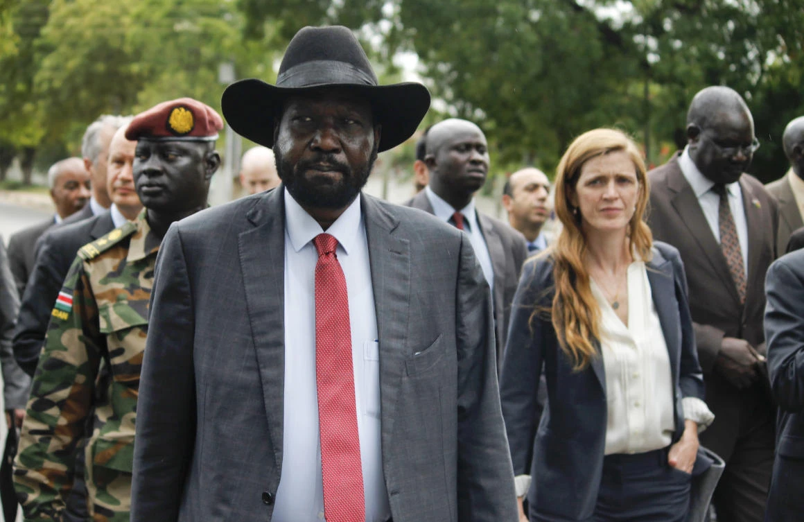 South Sudan's President Salva Kiir, left, takes members of the UN Security Council, including U.S. Ambassador to the United Nations Samantha Power, right, on a tour outside the presidential compound in the capital Juba, South Sudan. (AP)