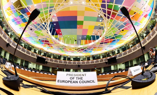 This file photo taken on December 9, 2016 in Brussels shows a view of the largest meeting room inside the Europa building which will be used for European Council meetings. (AFP)