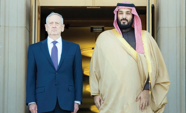 US Defense Secretary James Mattis receives Deputy Crown Prince Mohammed bin Salman at the Pentagon in Washington. (SPA)
