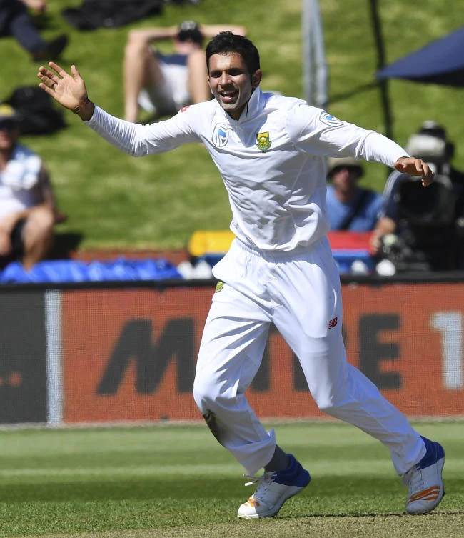 South Africa's Keshav Maharaj celebrates after dismissing New Zealand's J. Neesham during the second Test at the Basin Reserve, Wellington, on Saturday. (AP)