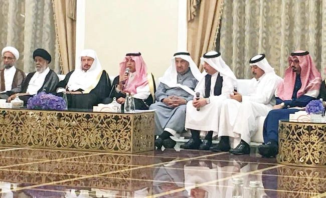 Speakers of the Shoura Council addressing during a meeting hosted by Shoura Council member Abdulrahman Al-Rashid and attended by several officials.