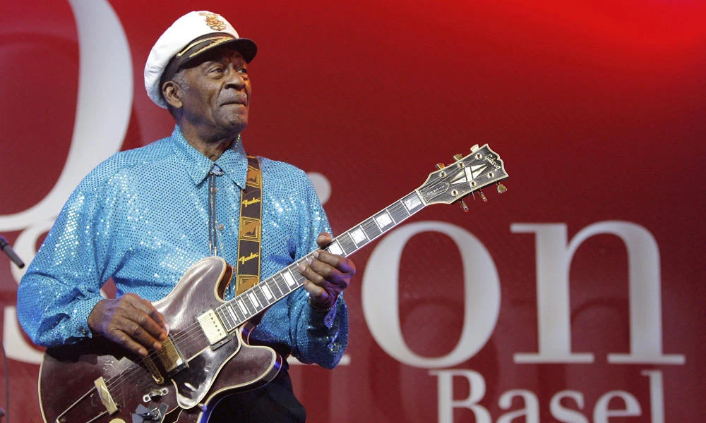 In this Nov. 13, 2007 file photo, legendary US musician Chuck Berry performs on stage at the Avo Session in Basel, Switzerland. (Peter Klaunzer/Keystone via AP, File)